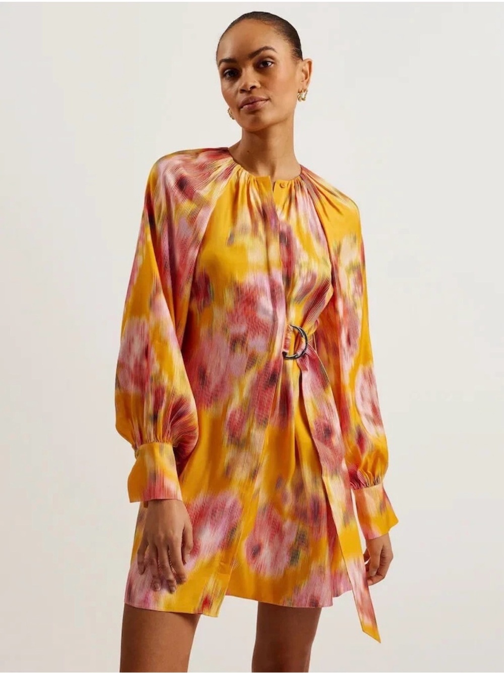 Ted Baker Akemi Mini Wrap Dress Yellow Pink Floral Long Sleeve Size 0/00